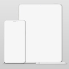 Poster - White vector clay render digital tablet mock up isolated on white background. Origami paper material template with realistic drop shadow.
