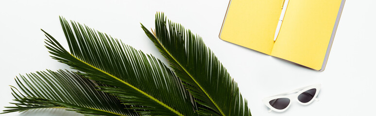 Poster - top view of green palm leaves near sunglasses and yellow planner on white background, panoramic shot