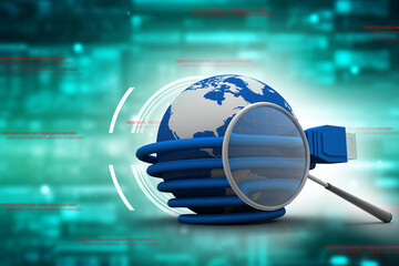 Poster - 3d rendering Network connection, internet communication and computer technology concept, closeup view of curved ethernet cable plug connector search concept