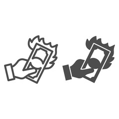Poster - Hand with burning dollar line and solid icon, waste of money concept, Dollar in fire sign on white background, Money with flame in hand icon in outline style for mobile, web design. Vector graphics.