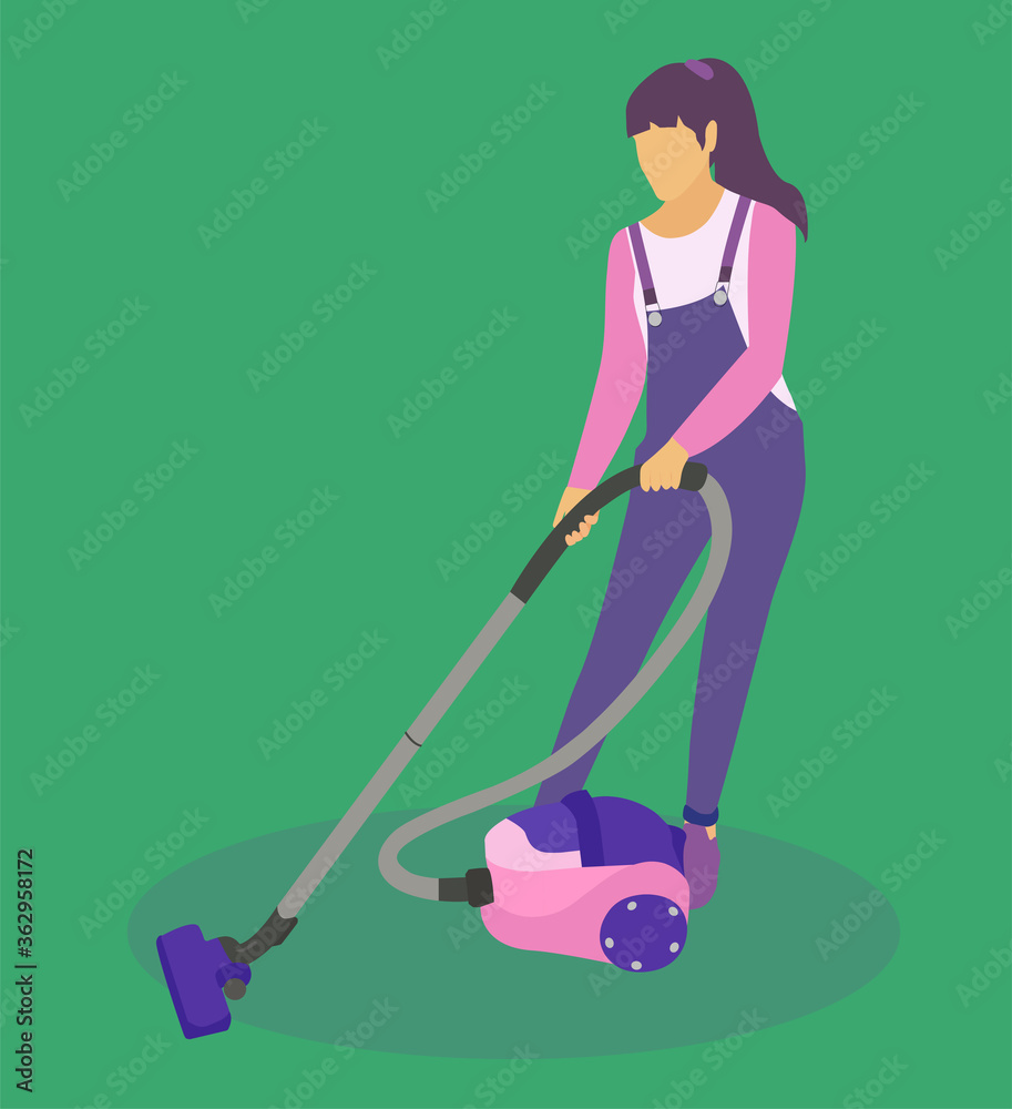 Housewife cleans up at home with a vacuum cleaner. Flat vector ...