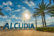 Alcudia sign at marina port on Mallorca, Spain, Balearic Islands