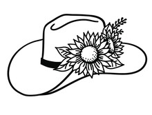 Cowboy Hat With Flowers. Vector Western Hat With Sunflowers Isolated On White. Cut File Hand Drawn Illustration