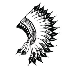Native American Indian Headdress Graphic Illustration Isolated On White. Hand Drawn Vector
