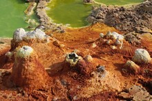 Salt Ponds, Bubbling Chimneys And Salt Terraces Form The Bottom Of The Volcanic Crater Dallol, Ethiopia: The Hottest Place On Earth,Danakil Depression.North Ethiopia,Africa