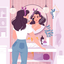 Young Woman Standing In Front Of A Mirror Applies Makeup In Bathroom. Flat Cartoon Vector Illustration. Girls  Daily Morning Routine. Modern Bathroom Interior With Plants, Shelves With Care Products