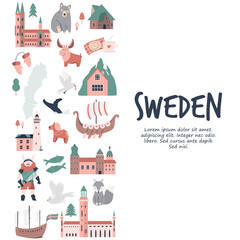 Wall Mural - Tourist poster with famous destinations and landmarks of Sweden. Explore Sweden concept image.