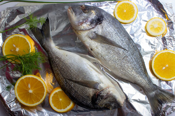 Two fresh dorada fish with lemon and dill on top