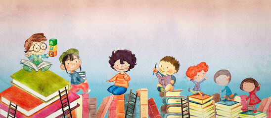 Wall Mural - Books and children. Watercolor school banner.