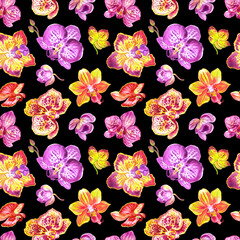 Poster - Phalaenopsis orchid seamless pattern on a black background, watercolor illustration, print for fabric and other designs.