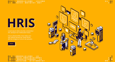 Poster - hris isometric landing page. human resources information system it and hr technologies, people at mu