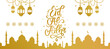 Eid al-Adha golden calligraphic inscription translated into English as Feast of the Sacrifice. Golden mosque. Arabic design background. Handwritten greeting card, invitation etc