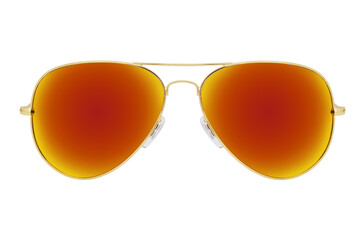 Gold sunglasses with red-orange mirror lens isolated on white background