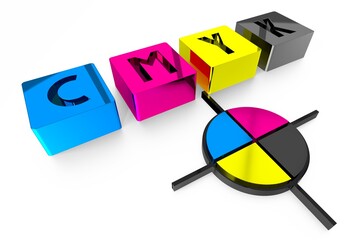 Sticker - CMYK colors concept - cyan, magenta, yellow, black - 3D illustration