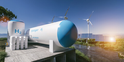hydrogen renewable energy production - hydrogen gas for clean electricity solar and windturbine faci