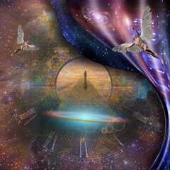 Canvas Print - surrealism. figure of man on road to heaven. man with wings represents angel. warped space. 3d rende