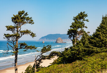 Wall Mural - Green trees frame view of Haystack Rock on Cannon Beach in Oregon
