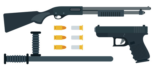 Illustration of different types of police weapons vector icon flat isolated