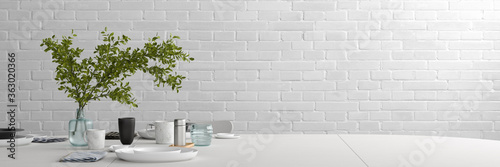 Fotografía Blank white wall mock up in the dining room with served white table