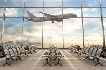 Empty airport terminal lounge with airplane on background.