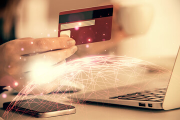 Poster - Multi exposure of woman on-line shopping holding a credit card and social network theme drawing. Relationship E-commerce concept.