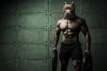 Bodybuilder Man-dog Stands On The Background Of A Concrete Wall Himur A Man With A Dog's Head