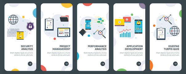 Set of concept flat design icons for security, analysis, project, management and performance. UX, UI vector template kit for web design, applications, mobile interface, infographics and print design.