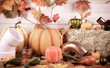 Happy Thanksgiving with construction tools, maple leaves and pumpkin on wood background.
Autumn composition. Plumber Thanksgiving. 