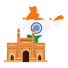 Wall Mural - gateway, famous monument with map of india vector illustration design