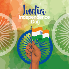 Sticker - indian happy independence day, ashoka chakra and hand with flag vector illustration design