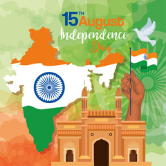 Wall Mural - indian happy independence day, celebration 15 august, with gateway and map of india vector illustration design