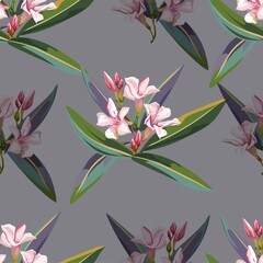 Wall Mural - Tropical pink flowers on grey background seamless pattern