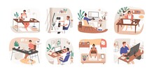 Set Of Freelance People Working Remotely Vector Flat Illustration. Collection Of Man And Woman Use Computer Or Laptop At Comfortable Workplace Isolated On White. Self Employed Person At Home Office