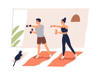 Poster - Active couple doing exercise with dumbbells vector flat illustration. Smiling man and woman training together at home isolated on white. People practicing workout in pair enjoy healthy lifestyle