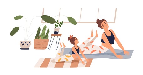 Wall Mural - Cheerful child and mother practicing yoga together at home vector flat illustration. Happy family doing stretching exercise on mat isolated on white. Joyful woman and girl during sports training