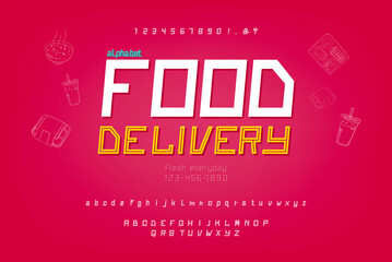 Leinwandbilder - Alphabet font set with  numbers uppercase and lowercase on colorful red food delivery theme background