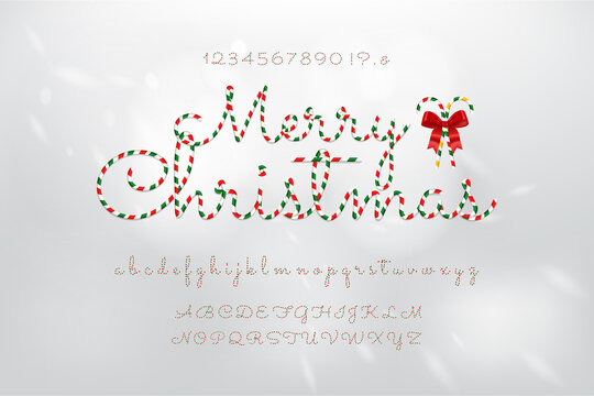 Christmas theme canday cane pattern alphabet font set with numbers uppercase and lowercase on white gray background