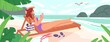 Woman lying on chaise-longue with cocktail at empty beach vector flat illustration. Female in swimsuit enjoying sunbathing having rest near sea. Relaxed girl enjoying calmness at tropical resort