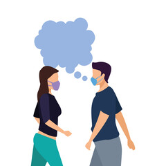 Canvas Print - young couple wearing medical masks and speech bubbles