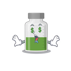 Sticker - wealthy cartoon character concept of vitamin syrup with money eyes