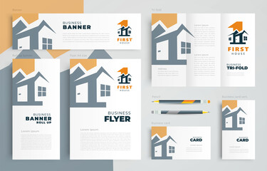 Wall Mural - House building architecture theme Set flyer cover, tri-fold, banner, roll up banner, business card