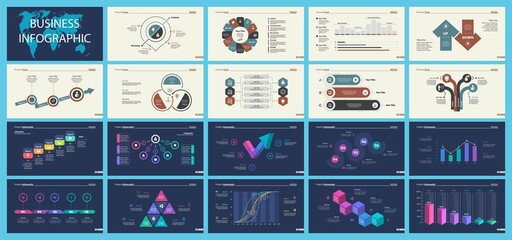 Poster - Set of analysis or management concept infographic charts. Business diagrams for presentation slide templates. For corporate report, advertising, banner and brochure design.