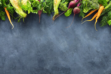 Poster - Eco food concept Various fresh vegetables on dark background with copy space top view