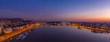 Fototapeta Miasto - Panoramic aerial drone shot of Margaret island bridge in Budapest dawn before sunrise