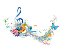 Abstract Musical Design With A Treble Clef And Colorful Splashes, Notes And Waves. Colorful Treble Clef. Hand Drawn Vector Illustration.