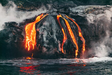 Active Lava Flow Volcanic Eruption Magma Touching The Ocean In Big Island, Kilauea Volcano, Hawaii.