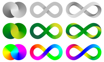 Colorful infinity signs. Abstract endless symbols collections.