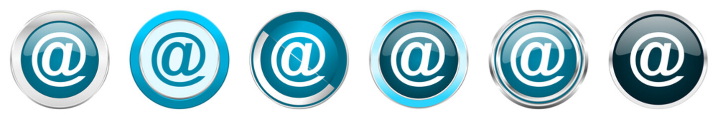 Poster - Email silver metallic chrome border icons in 6 options, set of web blue round buttons isolated on white background