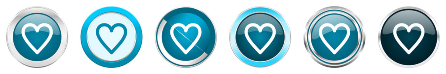Poster - Heart silver metallic chrome border icons in 6 options, set of web blue round buttons isolated on white background