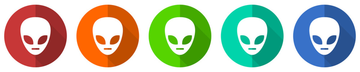 Poster - Alien face icon set, red, blue, green and orange flat design web buttons isolated on white background, vector illustration